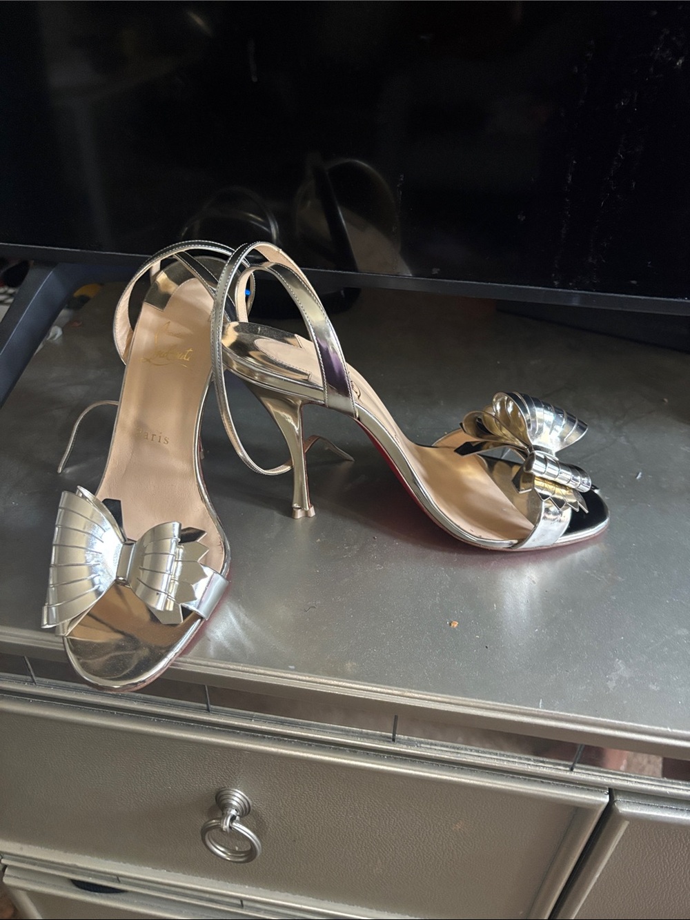 Christian Louboutin Silver Metallic Bow Slingback Sandals